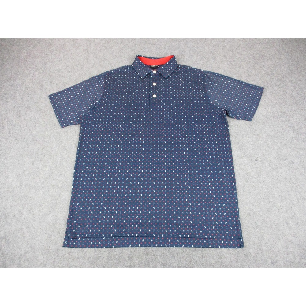 FootJoy Polo Shirt Mens Large Blue Red All Over Cocktail Print Golf Stretch